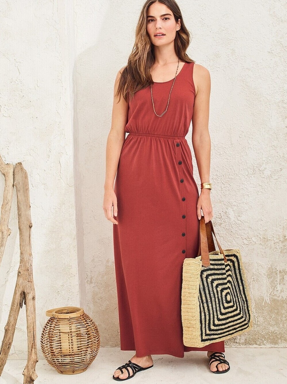 Garnett Hill Side-Button Knit Maxi Dress Size Medium In Burnt Orange